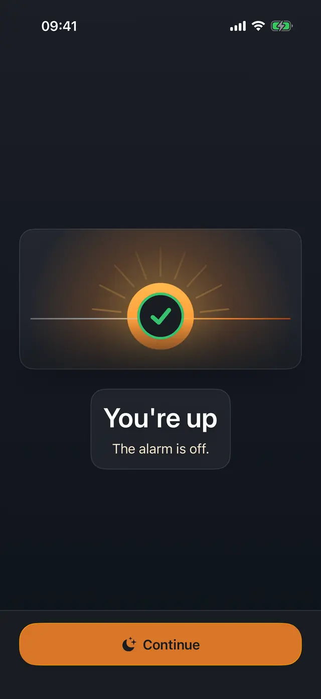 Tagdawn’s completion screen with a sunrise checkmark, You’re up, and The alarm is off.