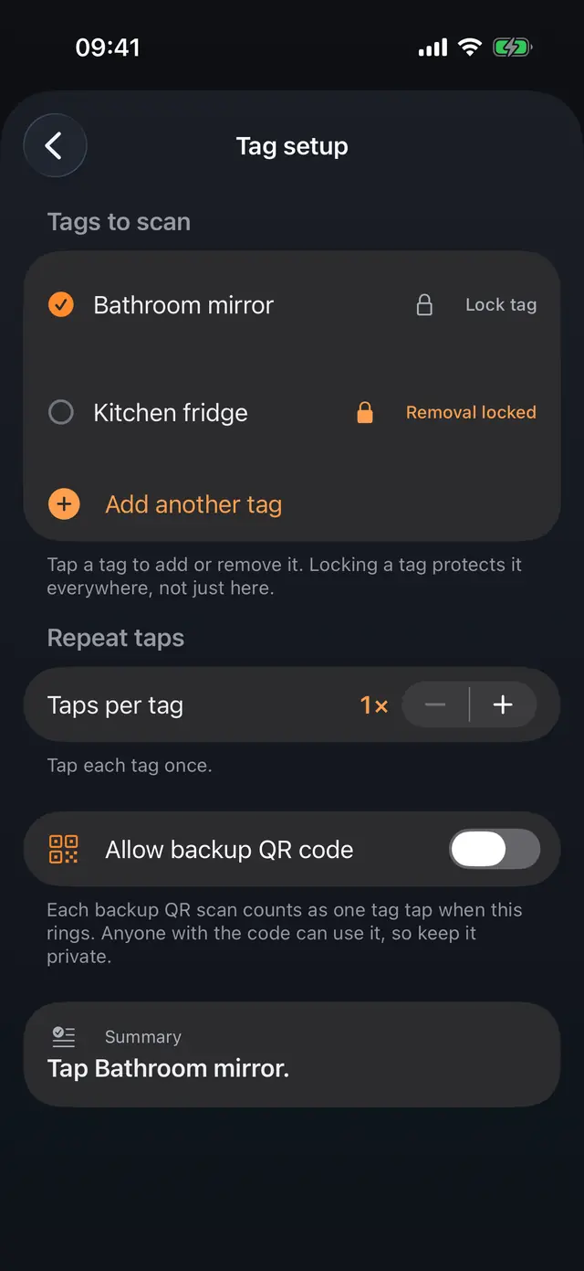 Tagdawn tag setup screen with Bathroom mirror selected, repeat taps, backup QR, and a scan summary.