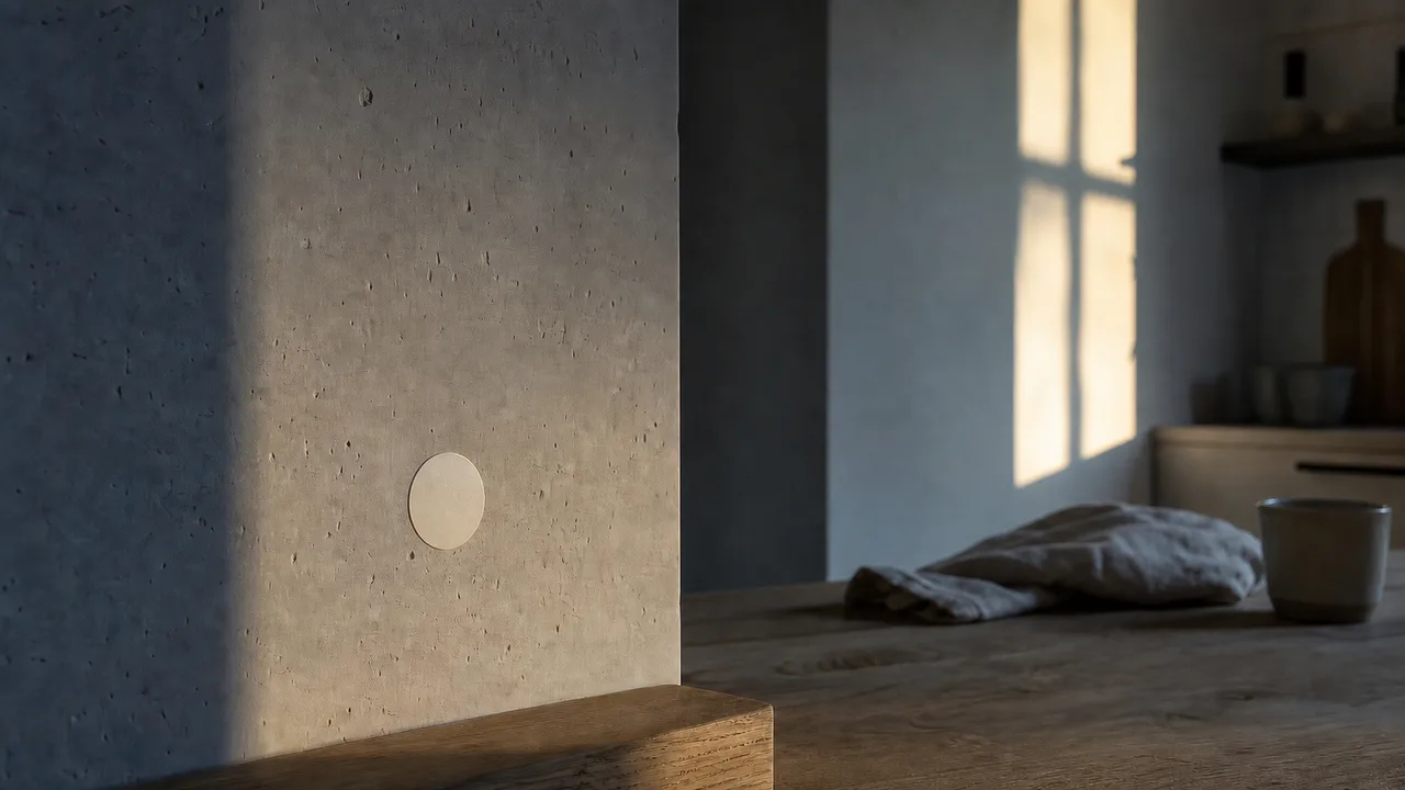 A small NFC sticker on a stone kitchen wall in the first light of morning.