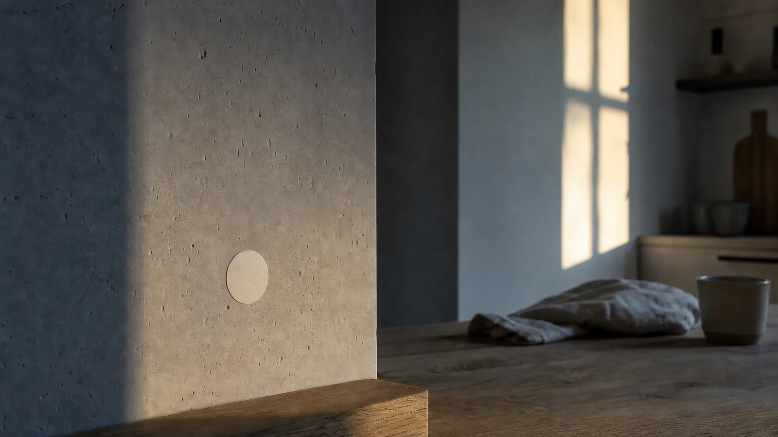 A small NFC tag mounted on a softly lit wall along a clear morning route
